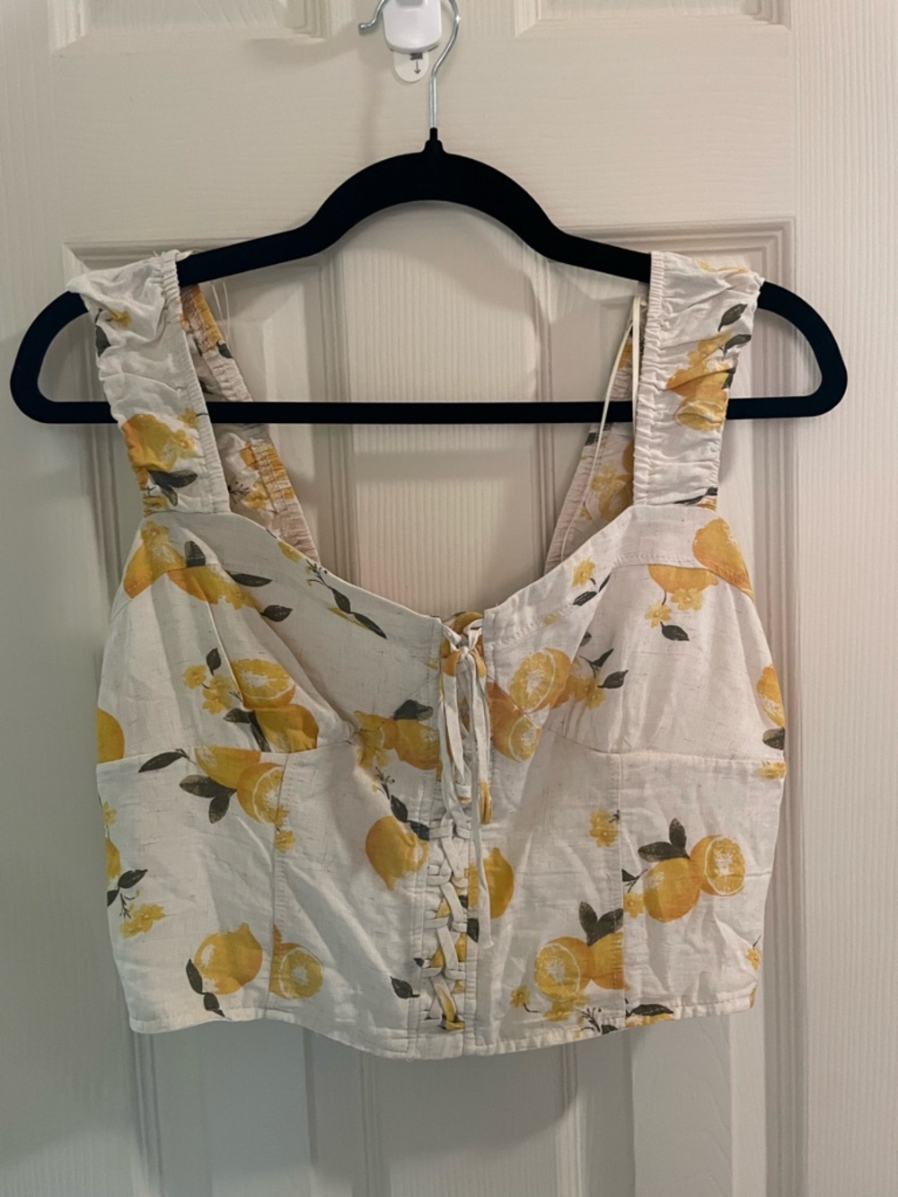 Lace-Up White Lemon Print Crop Top